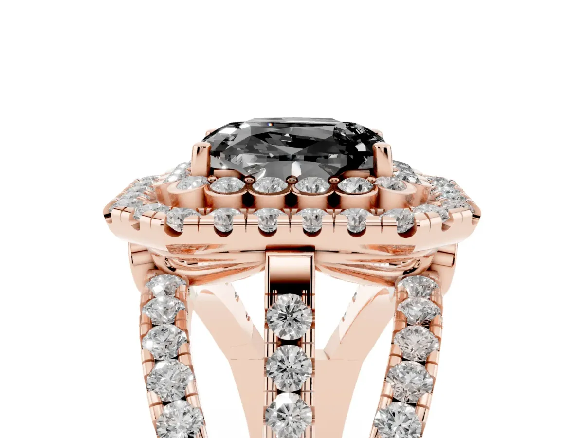 Fancy Black Emerald Cut Diamond Double Halo Ring with Round Pavé Split Shank and Prong Setting Rose gold