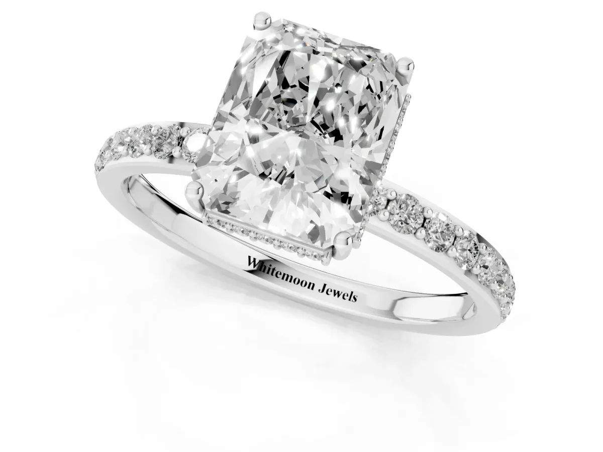 Radiant Cut Diamond Solitaire Ring with Pavé Band and Hidden Halo Silver