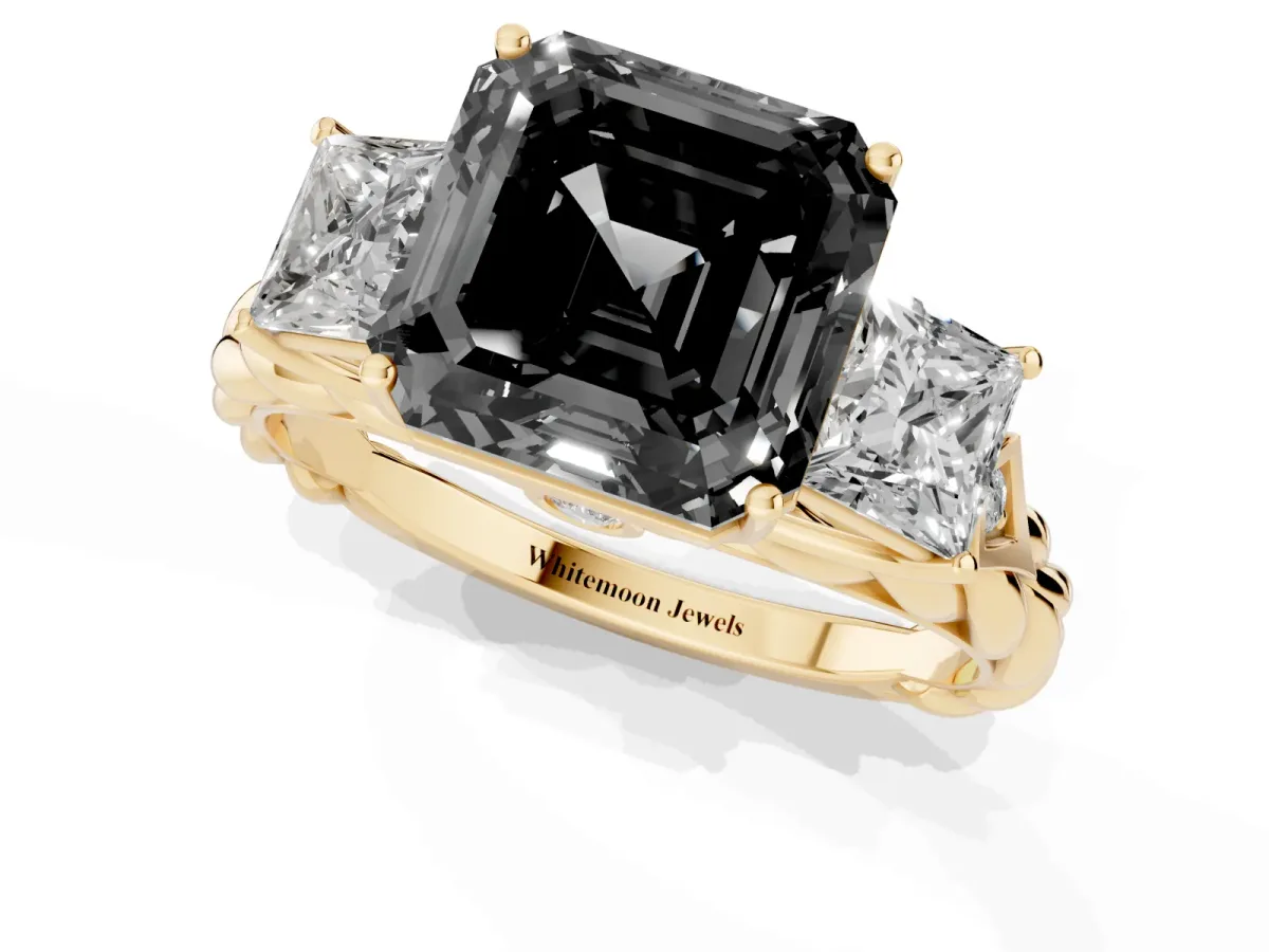 Fancy Black Three-Stone Asscher Cut Diamond Braided Band Ring with Four-Prong Setting Yellow gold