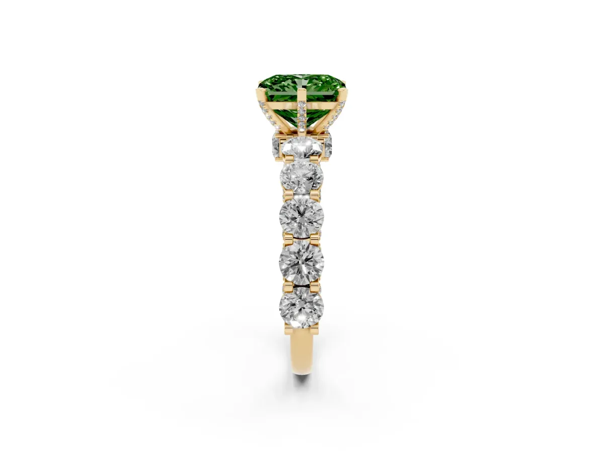 Fancy Green Radiant Cut Diamond Side Stone Engagement Ring with Four-Prong Setting Yellow gold