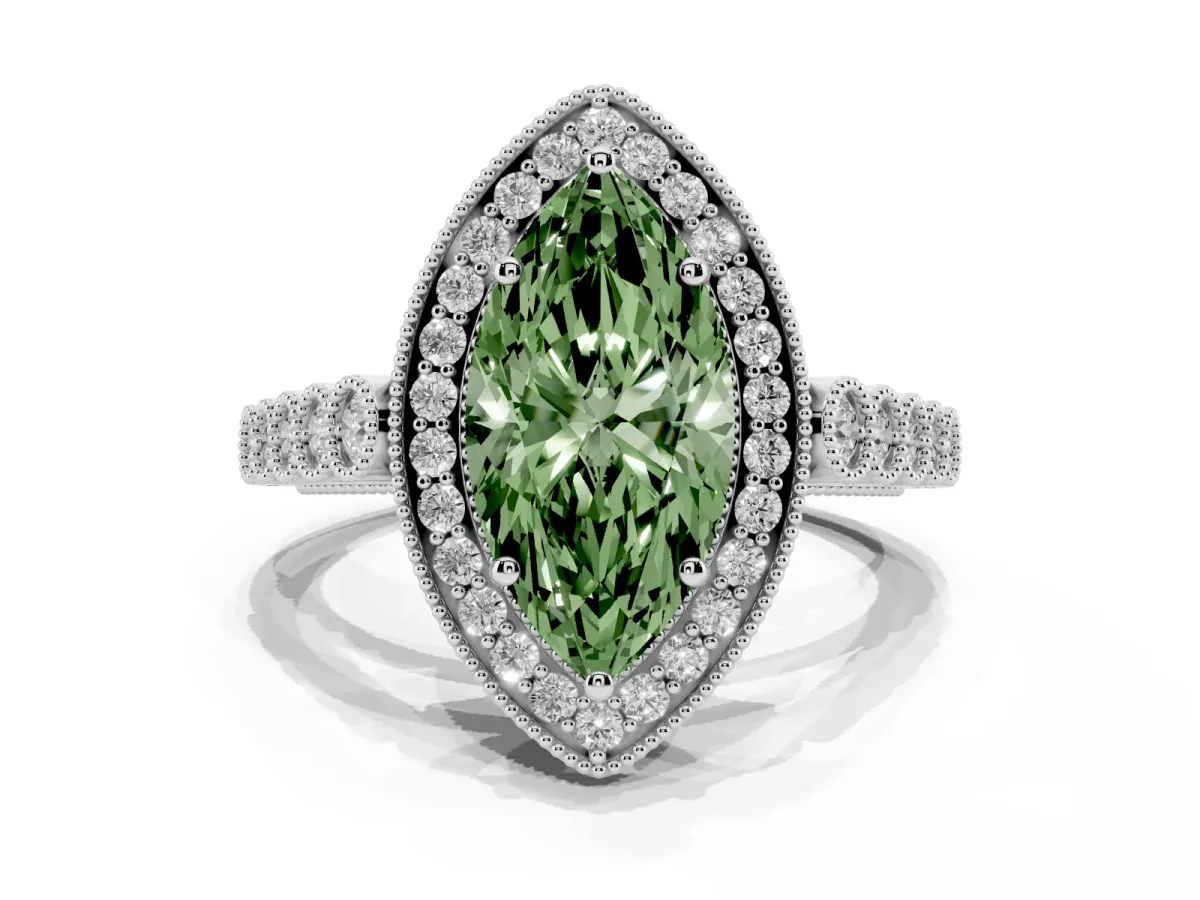 Fancy Green Marquise Cut Halo Milgrain Solitaire with Bezel Set Side Stones and Pave Band Platinum