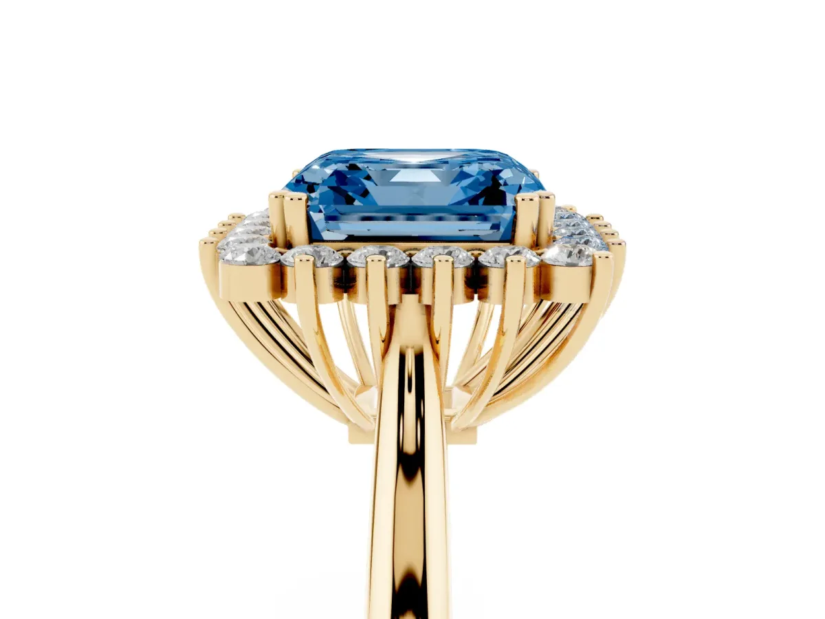 Fancy Blue Asscher Cut Cut Diamond Halo Ring with Solitaire Band and Prong Setting Yellow gold