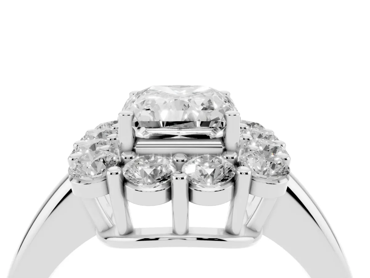 Radiant Cut Halo Cluster Diamond Engagement Ring with Prong Setting and Polished Band White gold