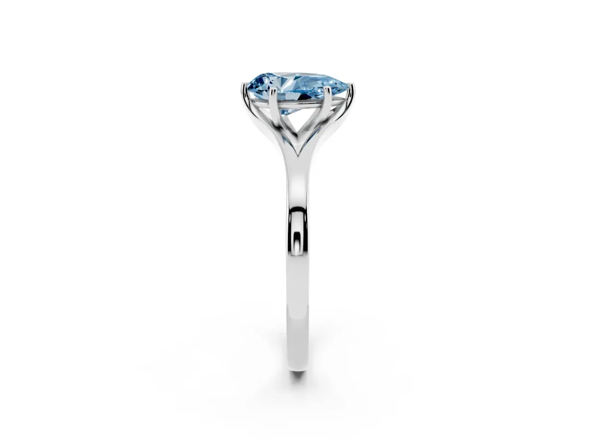 Fancy Blue Pear Cut Solitaire Diamond Ring with Six-Prong Setting and Tapered Band Platinum