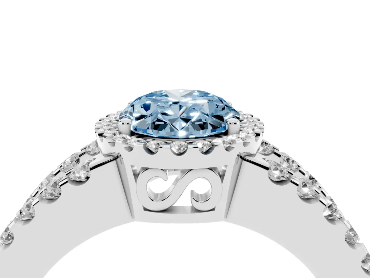 Fancy Blue Oval Cut Cut Halo Split Shank Diamond Ring with Four-Prong Setting Silver