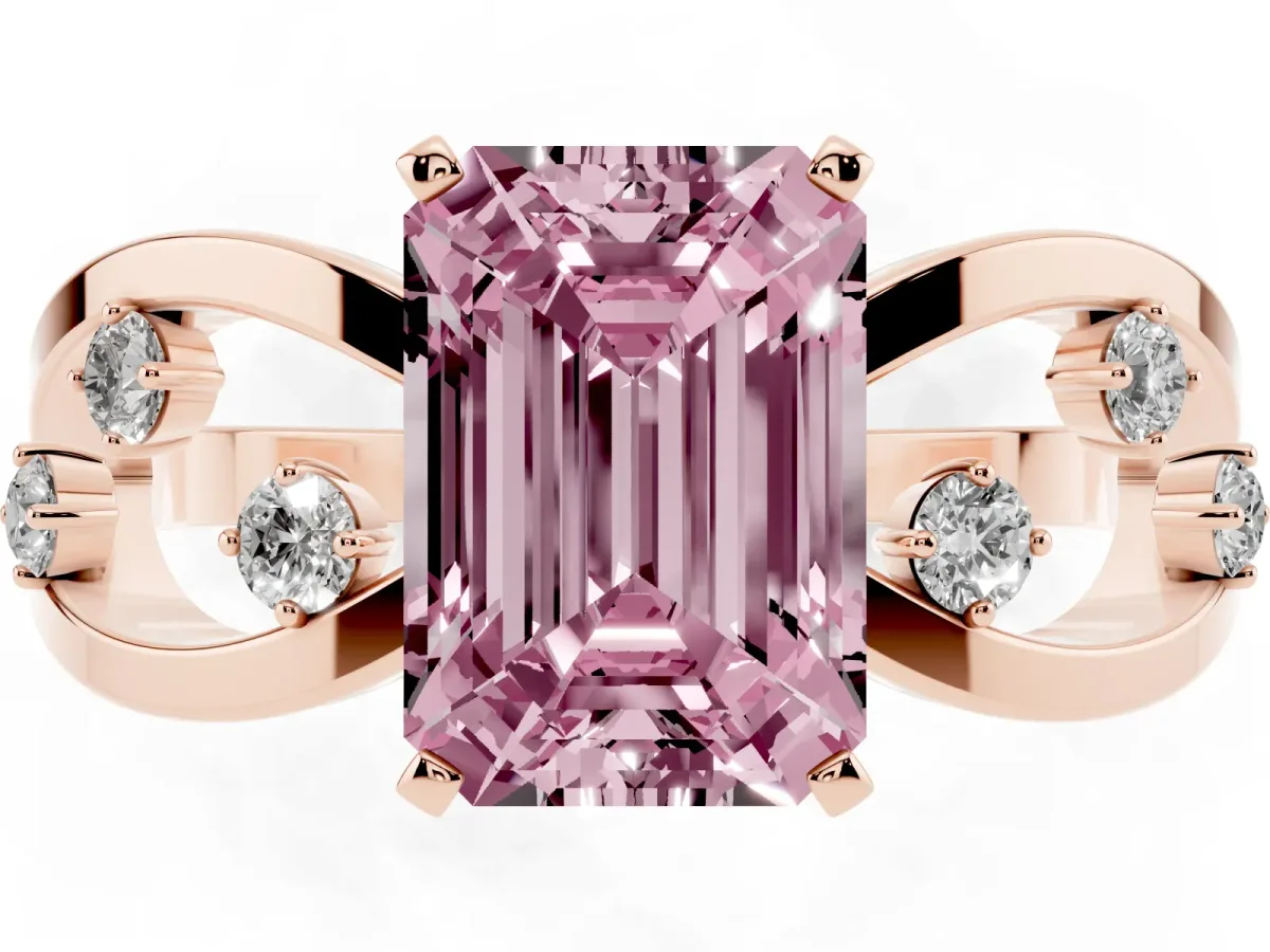 Fancy Pink Emerald Cut Cut Solitaire Diamond with Side Stones on Criss-Cross Band and Four-Prong Setting Rose gold