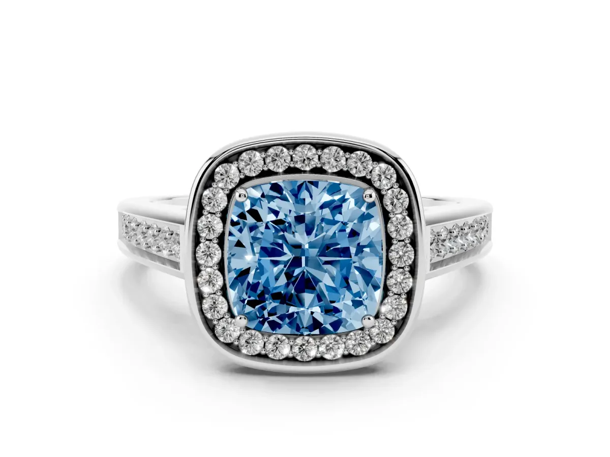 Fancy Blue Cushion Cut Halo Solitaire Diamond Ring with Pave Band and Bezel Setting Silver