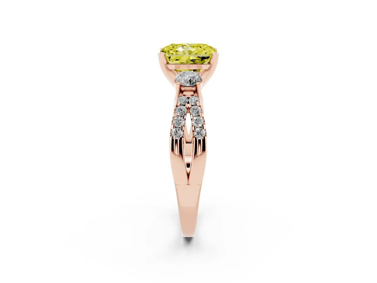 Fancy Yellow Radiant Cut Diamond Three-Stone Ring with Pavé Split Shank and Four-Prong Setting Rose gold