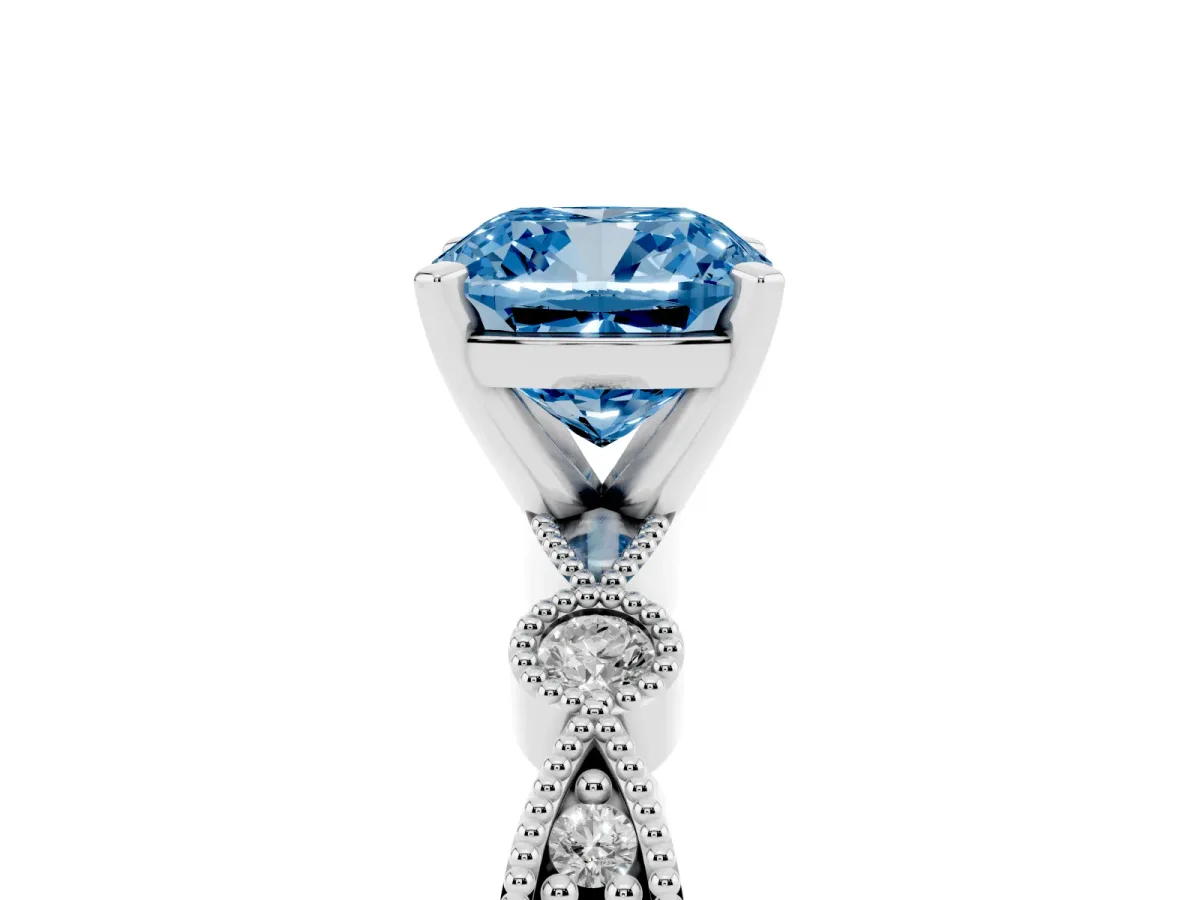 Fancy Blue Cushion Cut Milgrain Bezel Diamond Engagement Ring with Solitaire Prong Setting Platinum