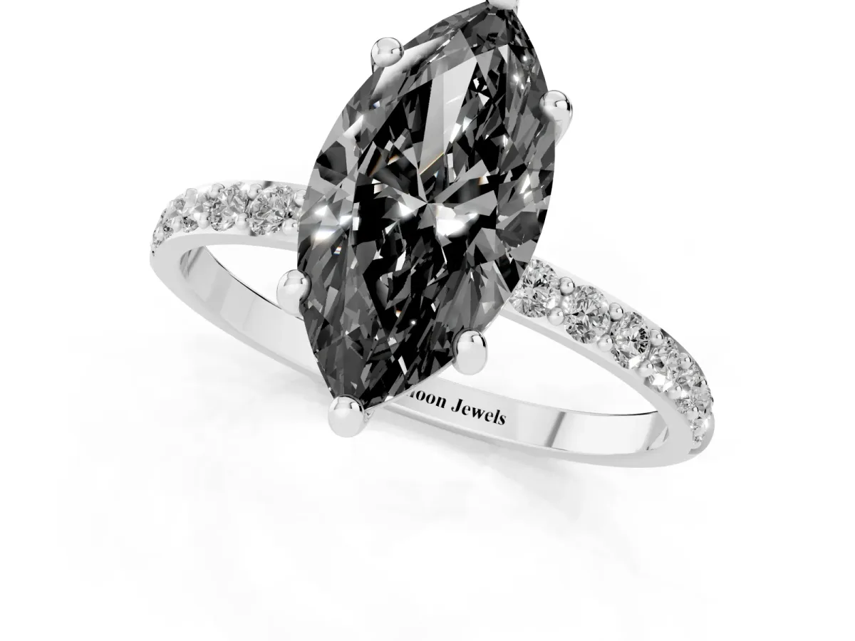 Fancy Black Marquise Cut Diamond Solitaire Ring with Round Pavé Band and Prong Setting Silver