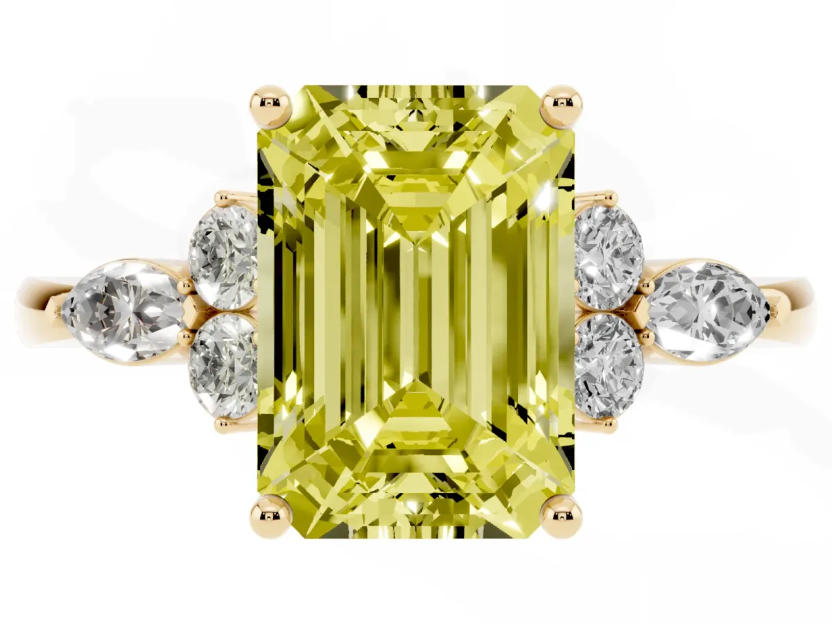 Fancy Yellow Emerald Cut Brilliant Diamond Solitaire Ring with Pear Side Stones and Four-Prong Setting Yellow gold