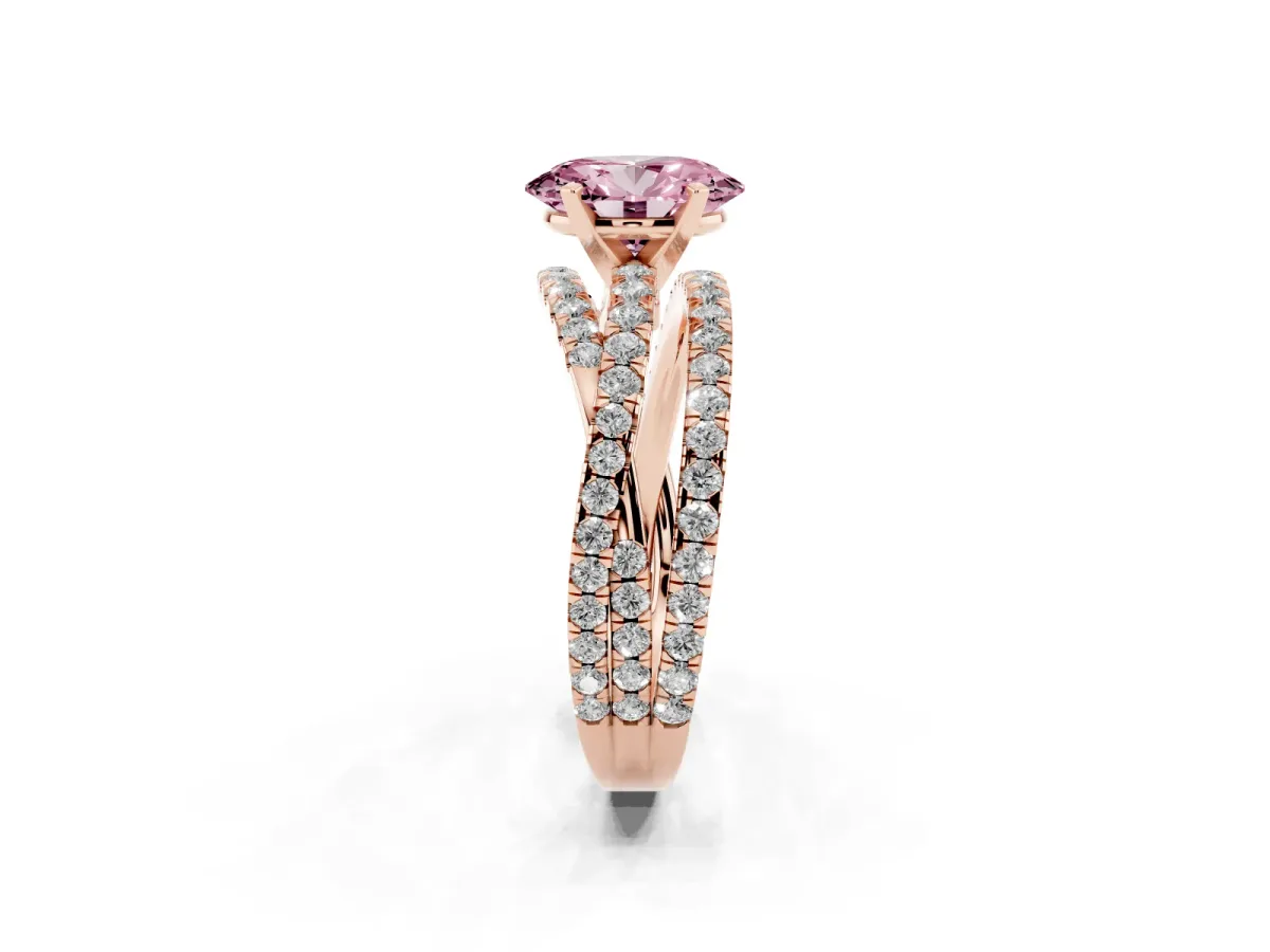 Fancy Pink Oval Cut Solitaire Twist Band with Pavé Setting and Four-Prong Setting Rose gold