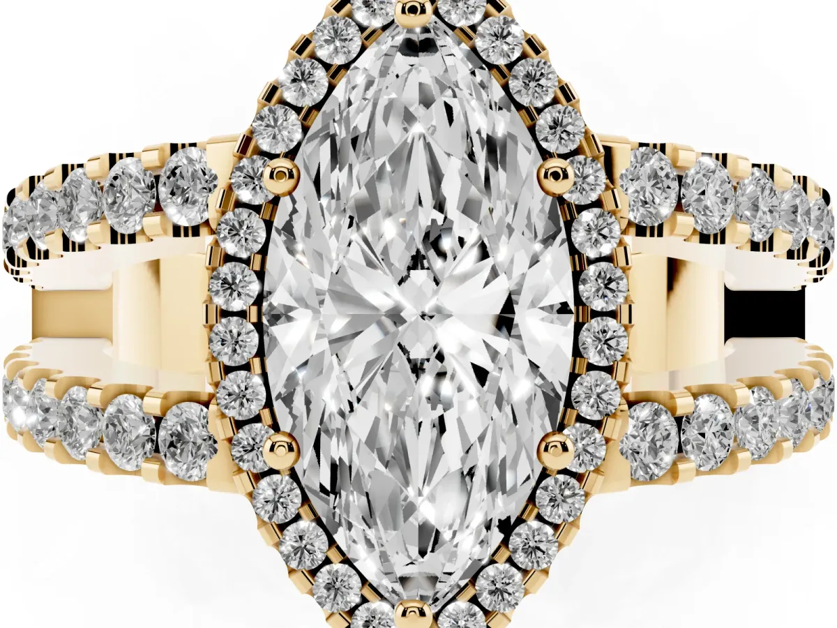 Marquise Cut Cut Halo Split Shank Diamond Ring with Four-Prong Setting Yellow gold