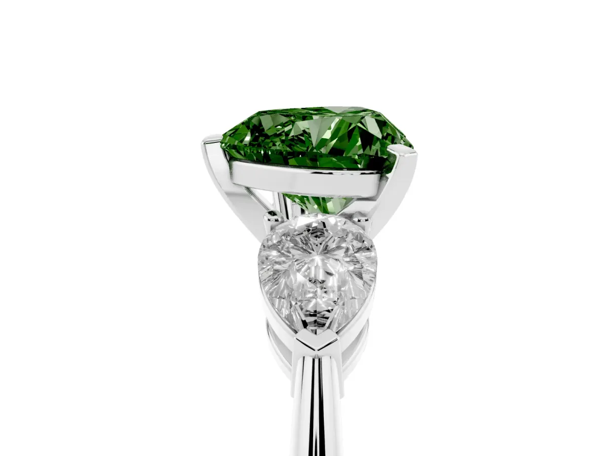 Fancy Green Three-Stone Heart Cut Diamond Ring with Pear Side Stones and Four-Prong Setting Silver