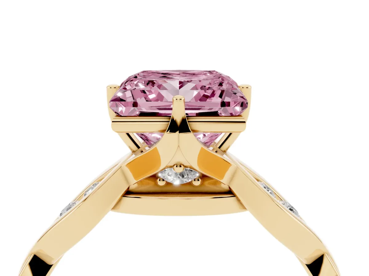 Fancy Pink Princess Cut Solitaire Twist Band with Leaf Prong Setting Yellow gold
