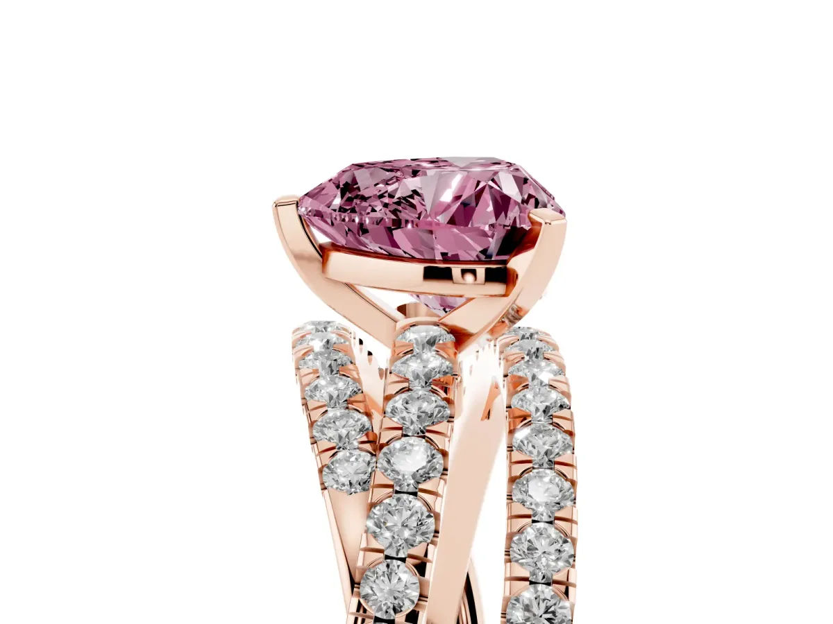 Fancy Pink Heart Cut Solitaire Twist Band with Pavé Setting and Four-Prong Setting Rose gold