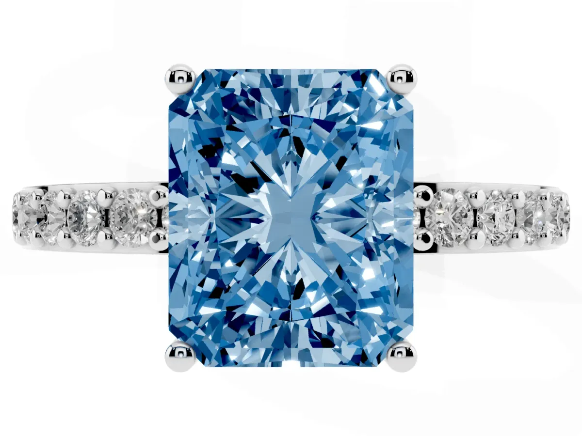 Fancy Blue Radiant Cut Cut Diamond Solitaire with Pave Band and Four-Prong Setting Silver