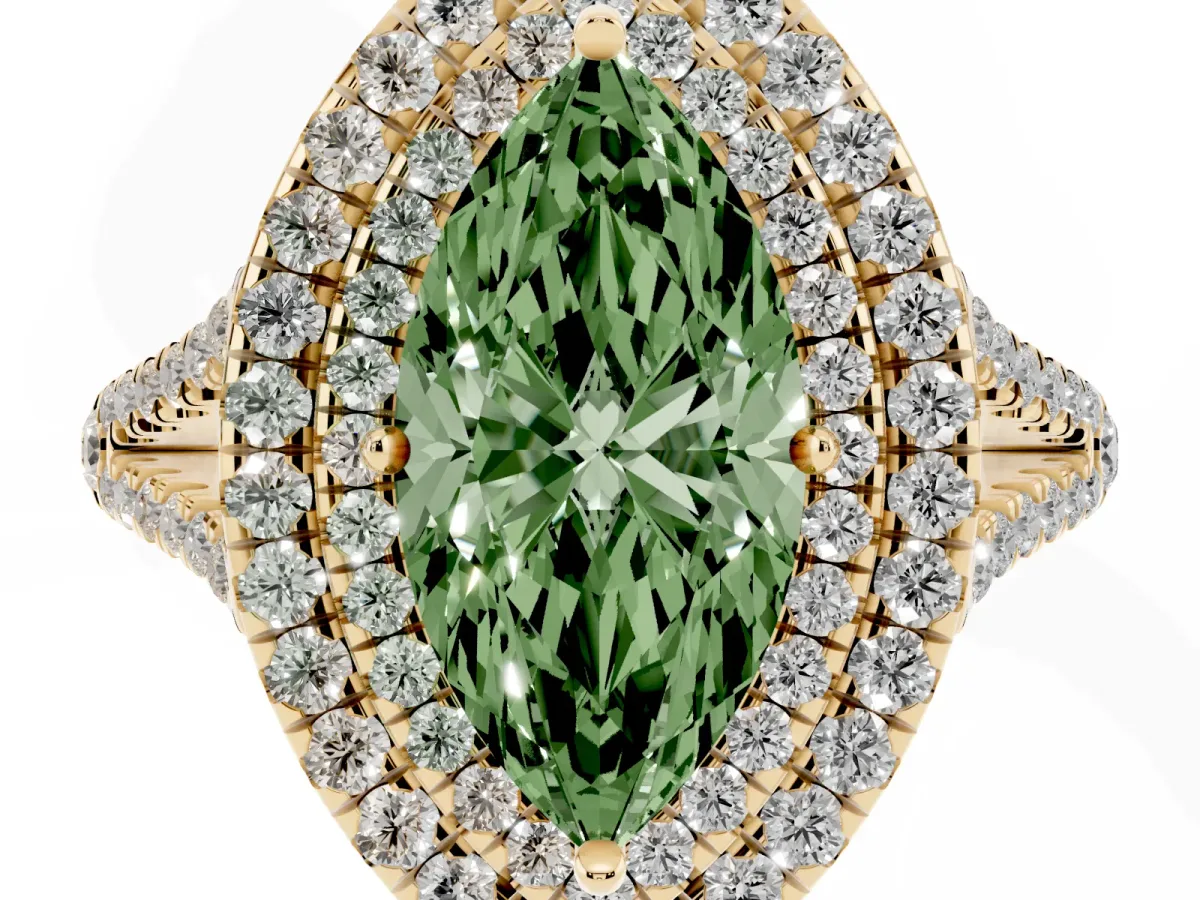 Fancy Green Marquise Cut Diamond Double Halo Ring with Pavé Band and Prong Setting Yellow gold