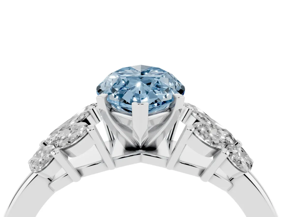 Fancy Blue Marquise Cut Diamond Cluster Leaf Design Ring with Prong Setting Silver
