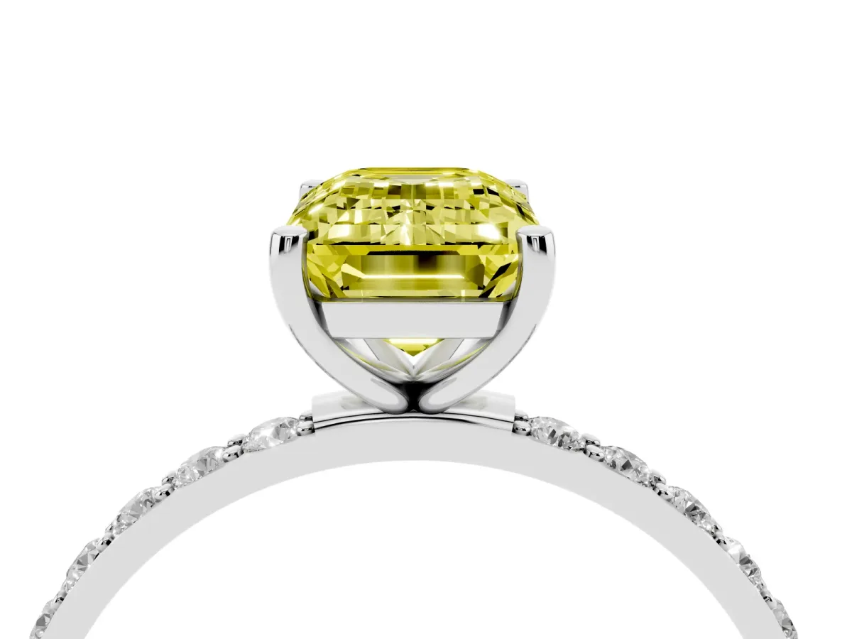Fancy Yellow Emerald Cut Diamond Solitaire Ring with Round Pavé Shoulders and Prong Setting Platinum