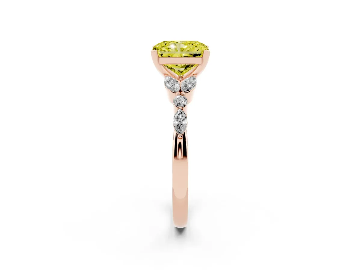Fancy Yellow Radiant Cut Diamond Solitaire Ring with Side Stones and Four-Prong Setting Rose gold