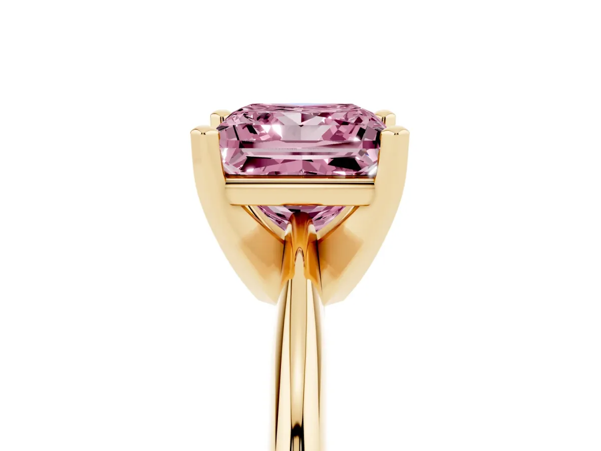 Fancy Pink Princess Cut Cut Solitaire Ring with Four-Prong Setting on a Classic Band Yellow gold