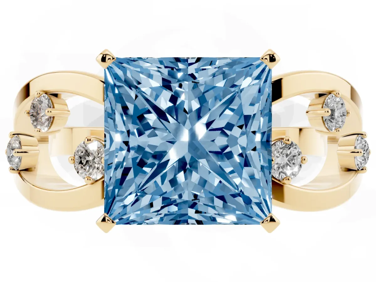 Fancy Blue Princess Cut Cut Solitaire Diamond with Side Stones on Criss-Cross Band and Four-Prong Setting Yellow gold