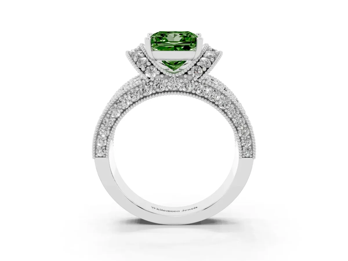 Fancy Green Princess Cut Halo Pave Diamond Engagement Ring with Milgrain Detailing White gold