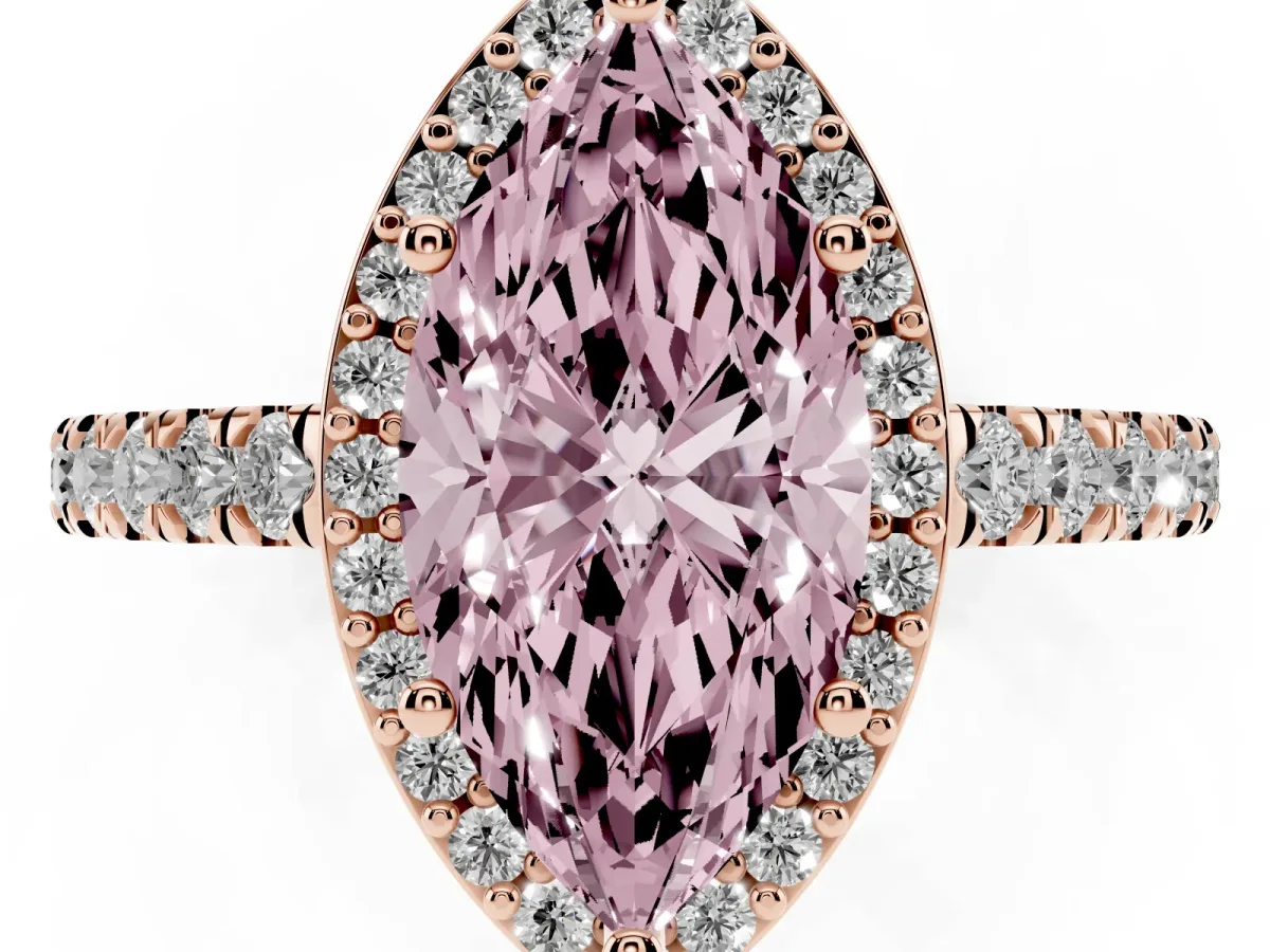 Fancy Pink Marquise Cut Cut Halo Diamond Engagement Ring with Pave Band and Four-Prong Setting Rose gold