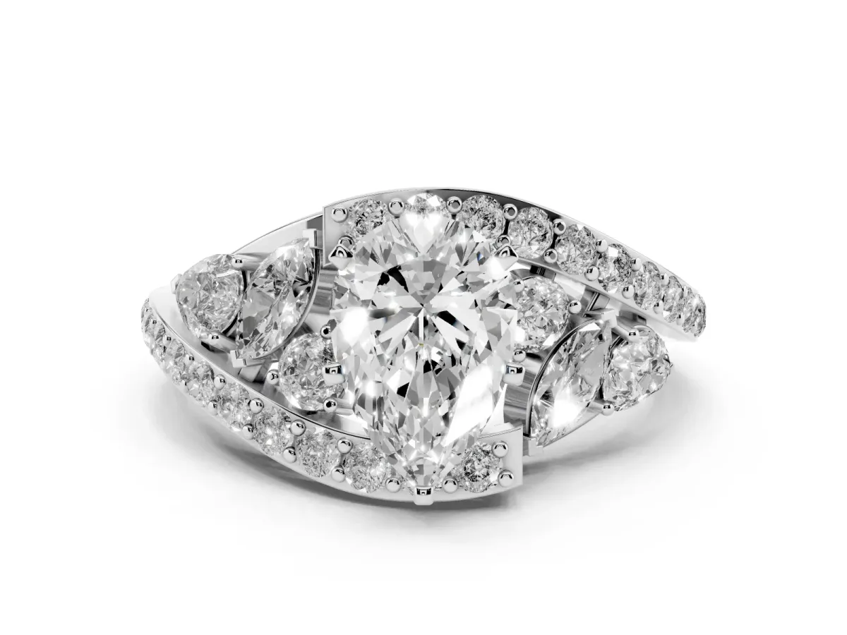 Pear Cut Diamond Halo Ring with Marquise and Pavé Band in Prong Setting Platinum