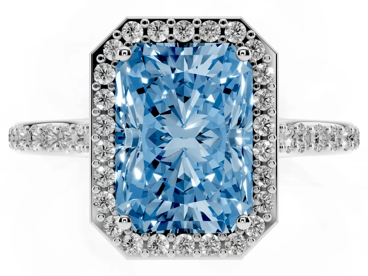 Fancy Blue Radiant Cut Diamond Halo Engagement Ring with Round Pavé Shoulders and Prong Setting Platinum