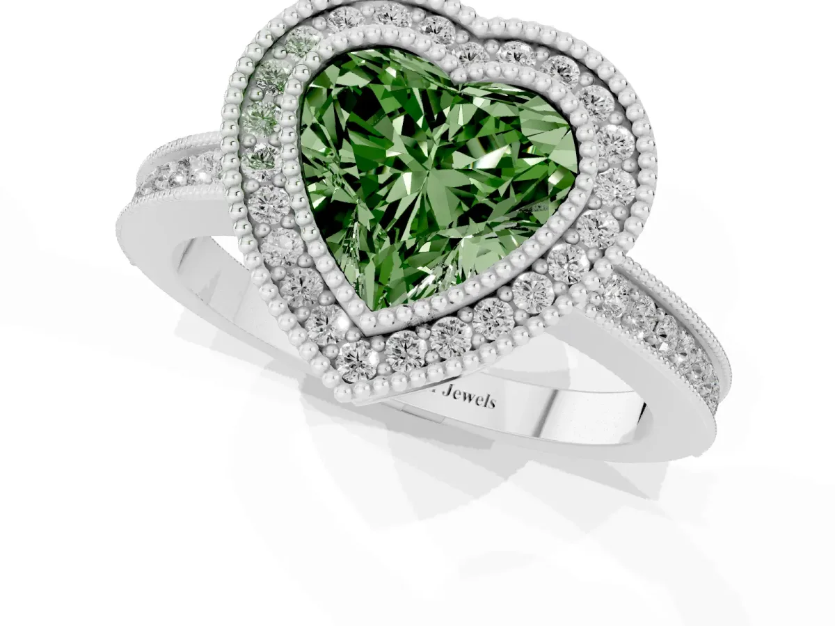 Fancy Green Heart Cut Cut Halo Diamond Ring with Pavé Band and Milgrain Prong Setting Silver