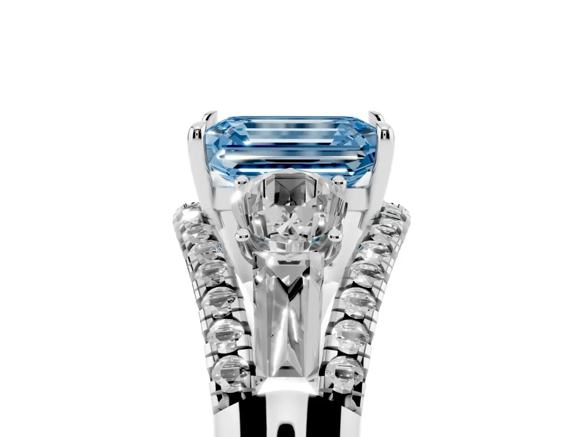 Fancy Blue Three-Stone Emerald Cut Diamond Engagement Ring with Pave Band and Prong Setting Silver