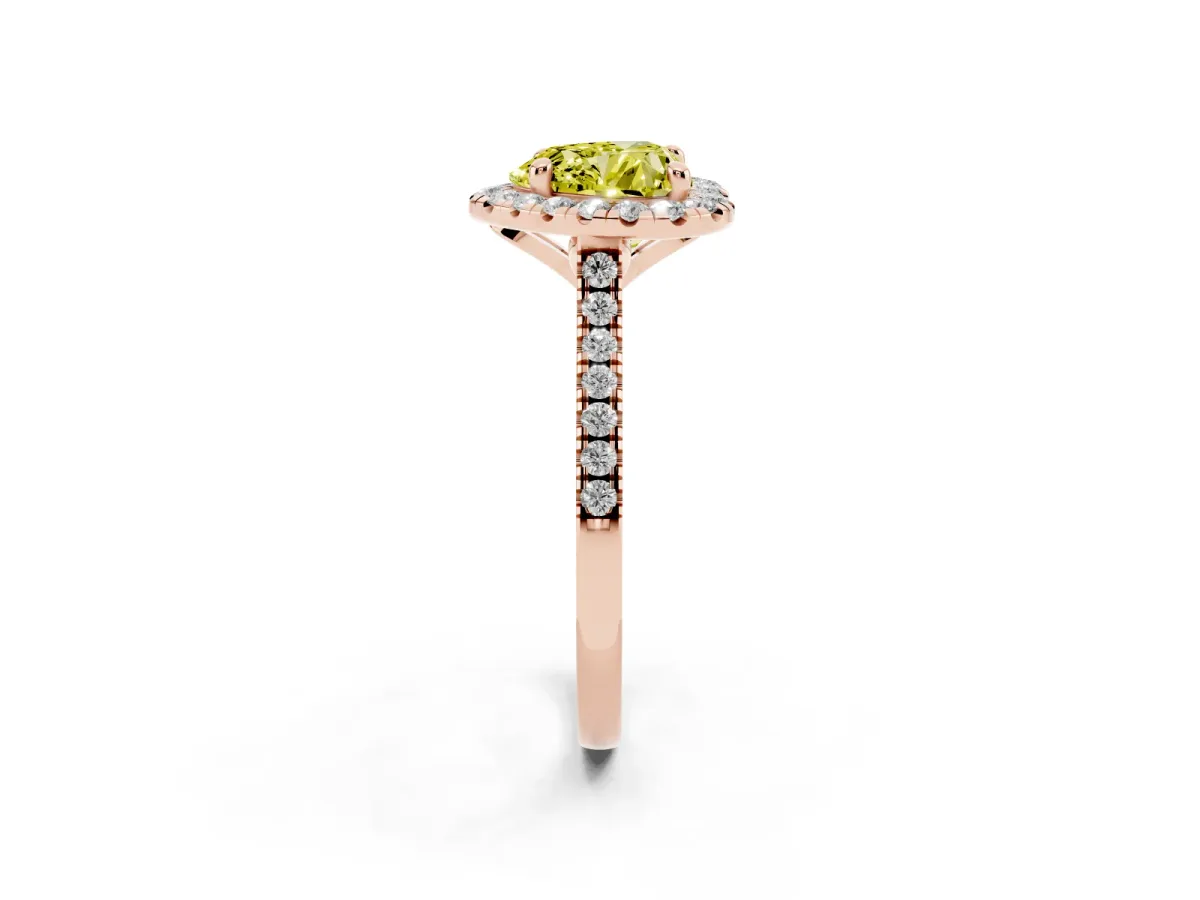 Fancy Yellow Heart Cut Diamond Cushion Halo Ring with Pavé Band Rose gold