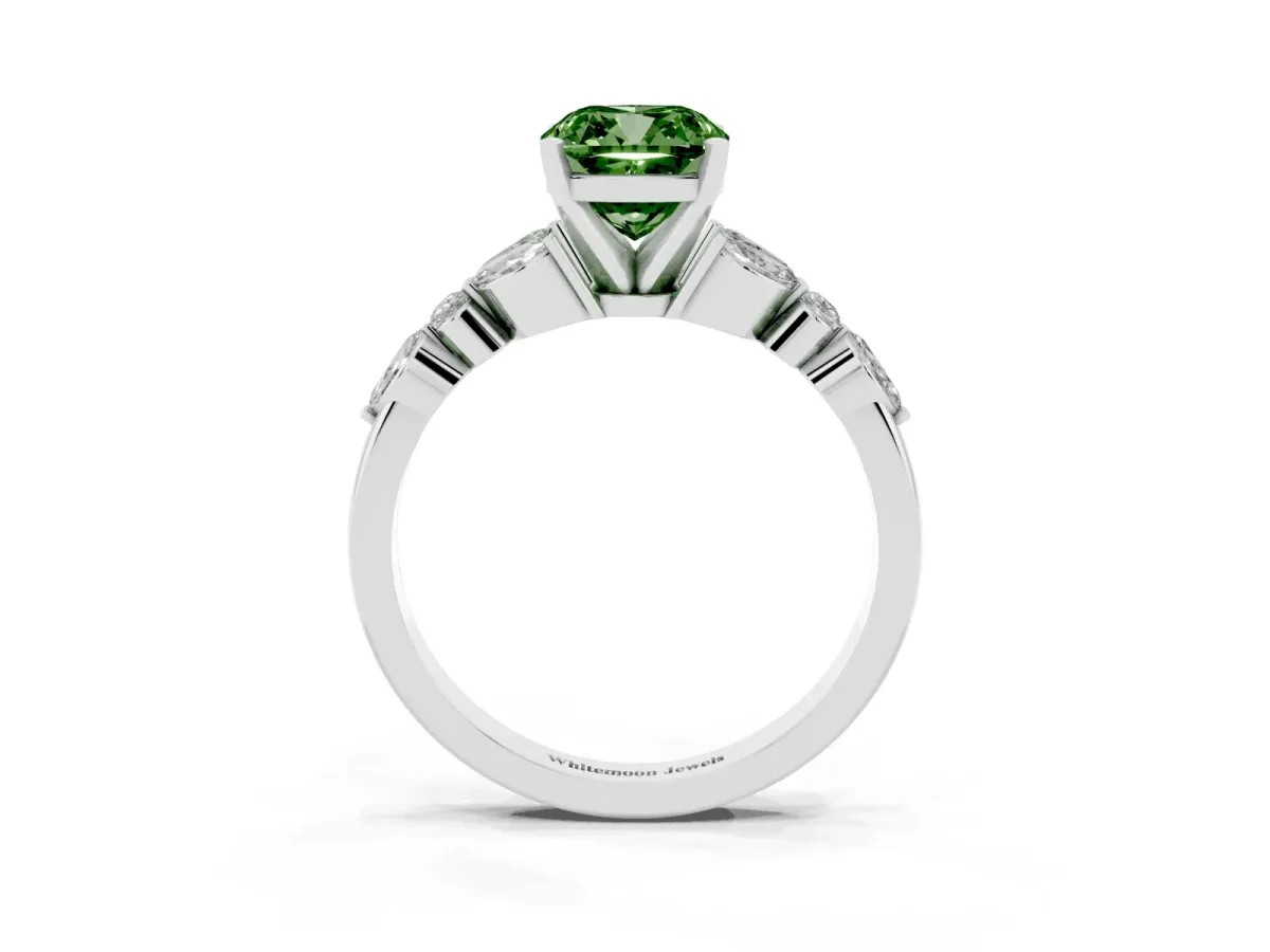 Fancy Green Cushion Cut Diamond Solitaire Ring with Side Stones and Four-Prong Setting Silver