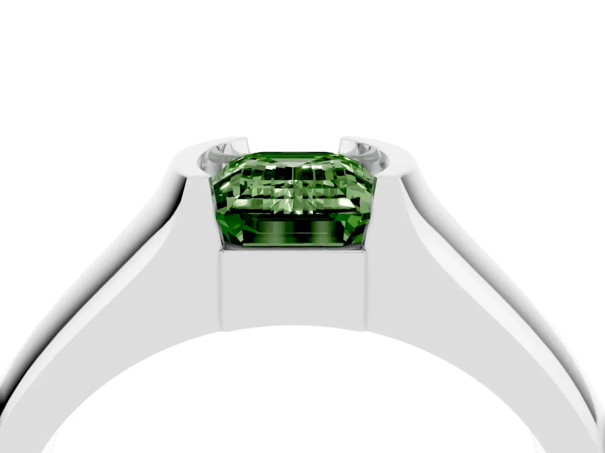Fancy Green Emerald Cut Solitaire Bezel Set Diamond Ring with Wide Band Platinum