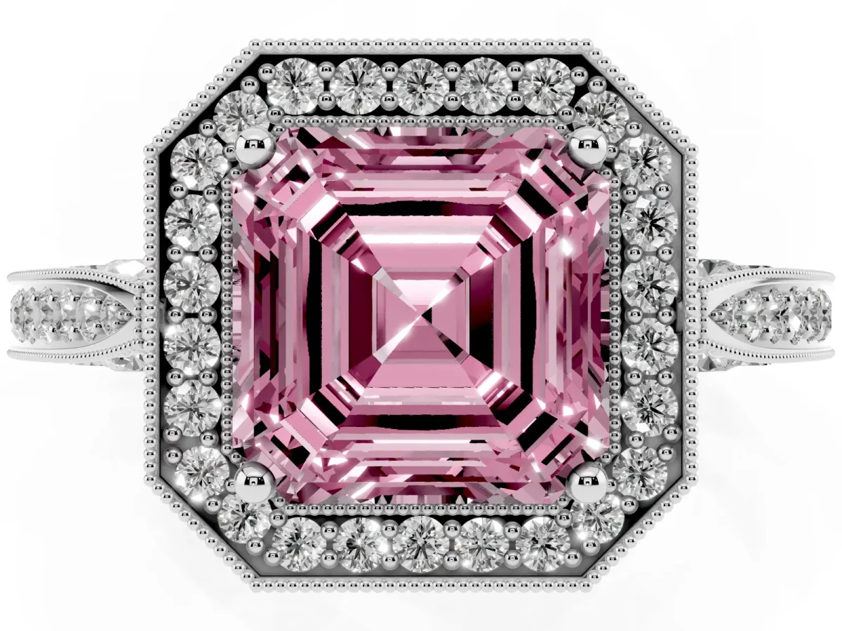 Fancy Pink Asscher Cut Halo Diamond Engagement Ring with Split Shank Band and Four-Prong Setting Platinum