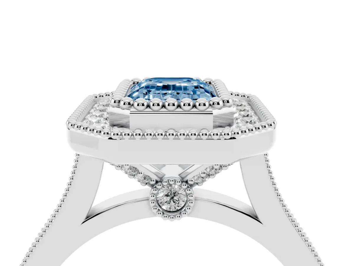 Fancy Blue Emerald Cut Diamond Halo Ring with Milgrain Frame and Pavé Band Silver
