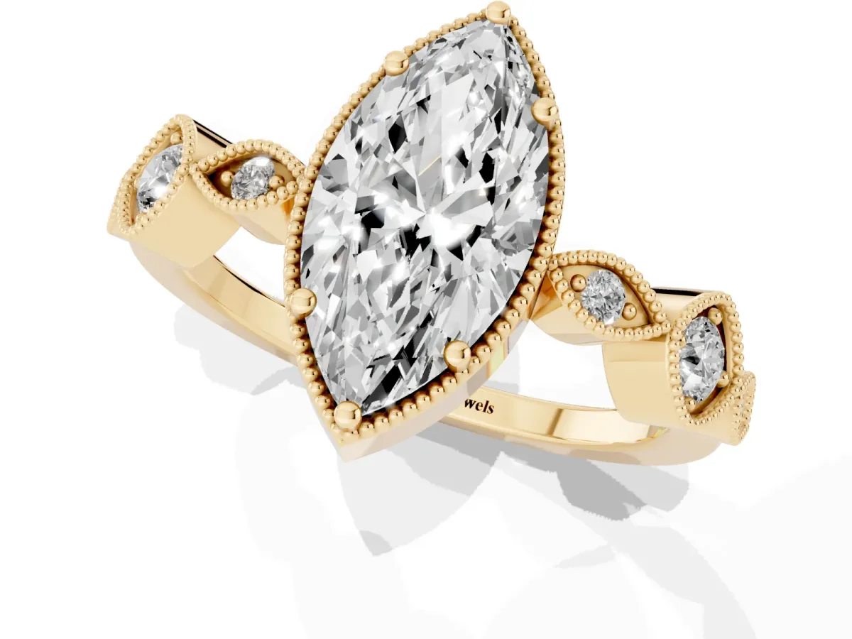 Marquise Cut Diamond Vintage Milgrain Ring with Round Stations Yellow gold