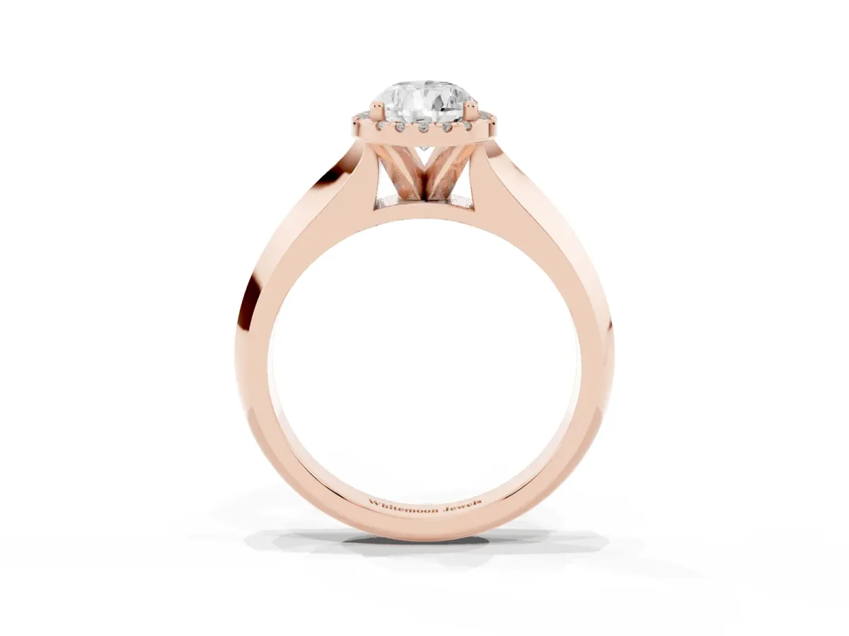 Pear Cut Halo Diamond Ring with Cathedral Band and Four-Prong Setting Rose gold