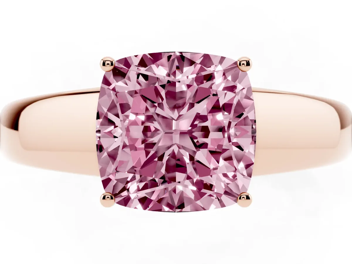 Fancy Pink Cushion Cut Solitaire Diamond Ring with Tapered Band and Four-Prong Setting Rose gold