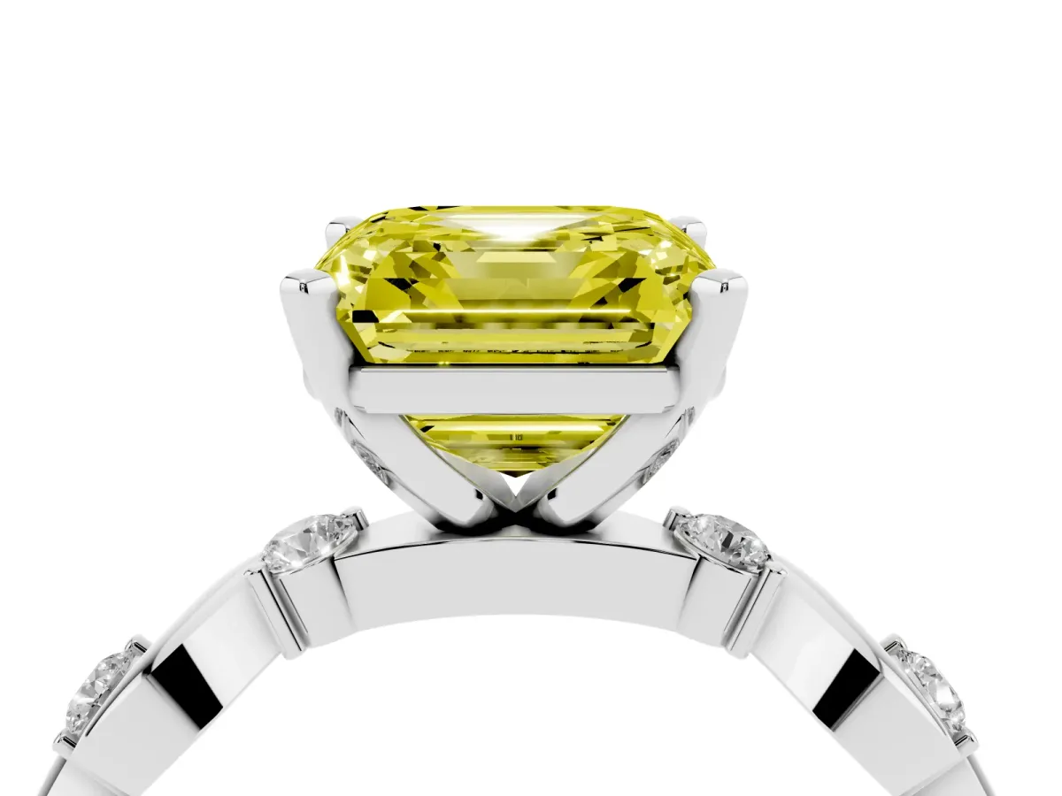 Fancy Yellow Asscher Cut Diamond Solitaire Twisted Band with Round Accents and Prong Setting Platinum
