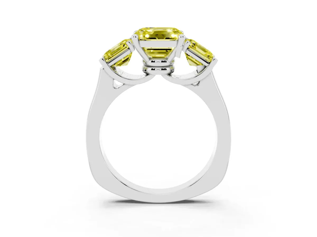 Fancy Yellow Three-Stone Asscher Cut Brilliant Diamond Trellis Ring with Comfort Fit Band Silver