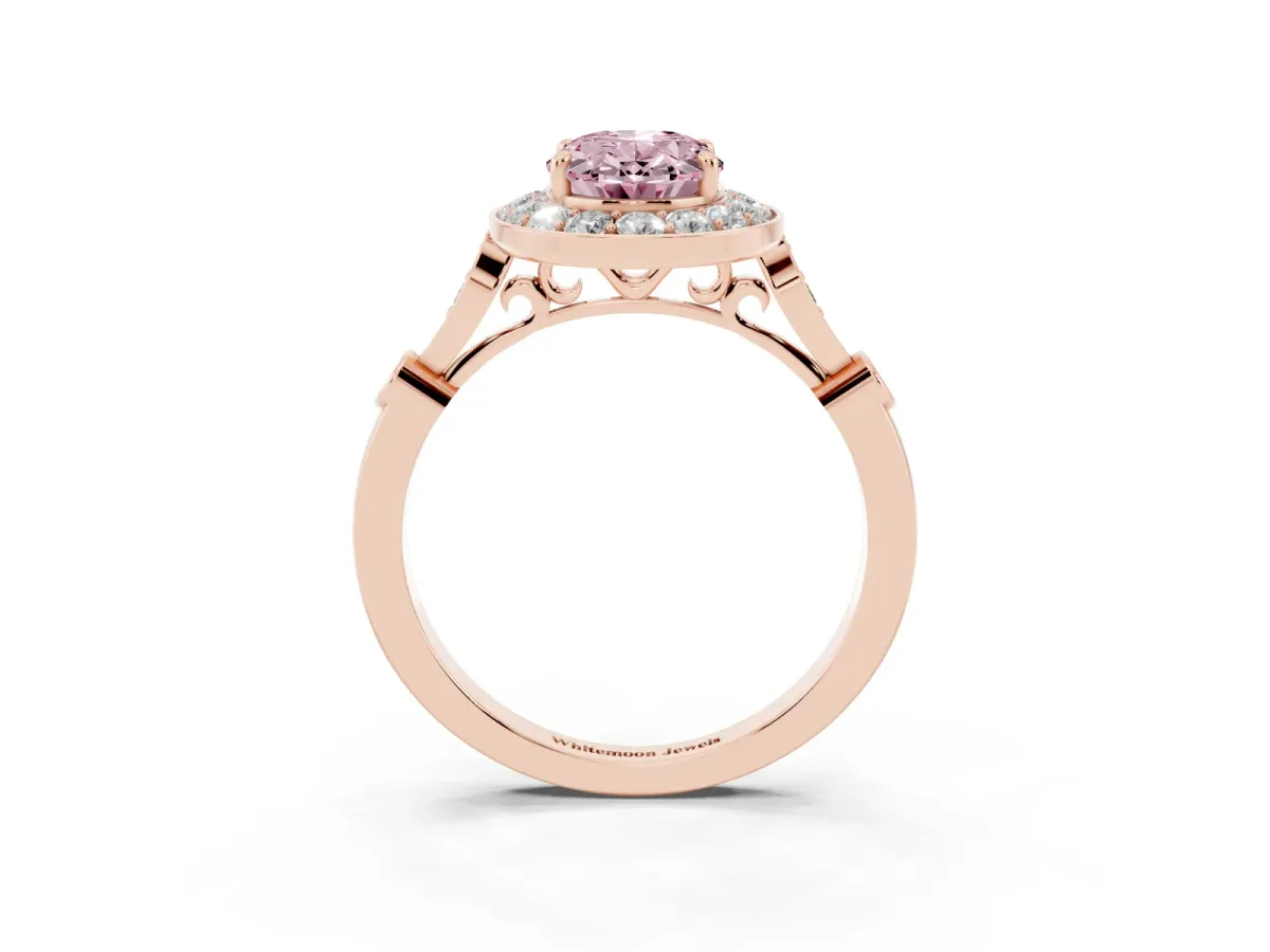 Fancy Pink Oval Cut Halo Diamond Engagement Ring with Twisted Band and Four-Prong Setting Rose gold