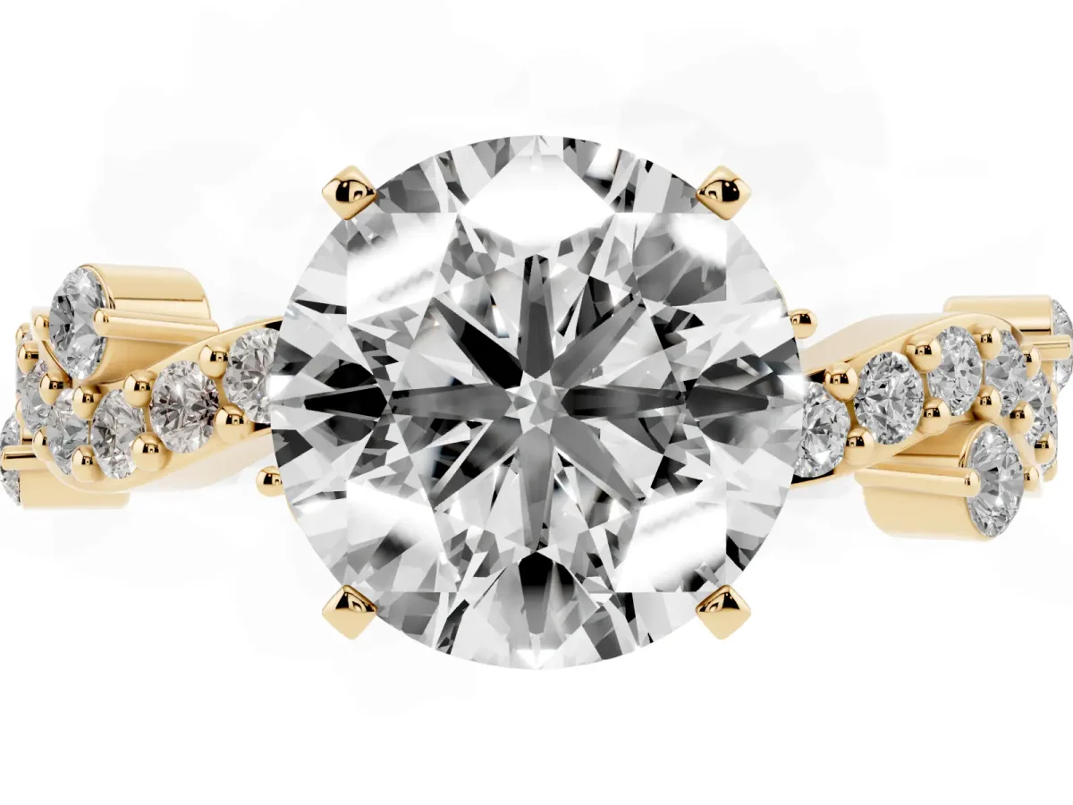 Round Cut Cut Solitaire Diamond Twisted Band with Pave Setting Yellow gold