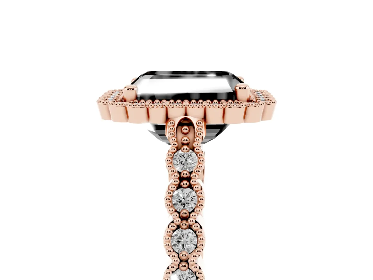 Fancy Black Radiant Cut Cut Halo Pavé Solitaire Ring with Milgrain Band Rose gold