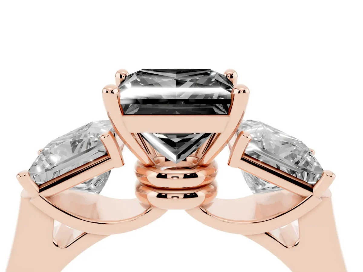 Fancy Black Three-Stone Princess Cut Brilliant Diamond Trellis Ring with Comfort Fit Band Rose gold