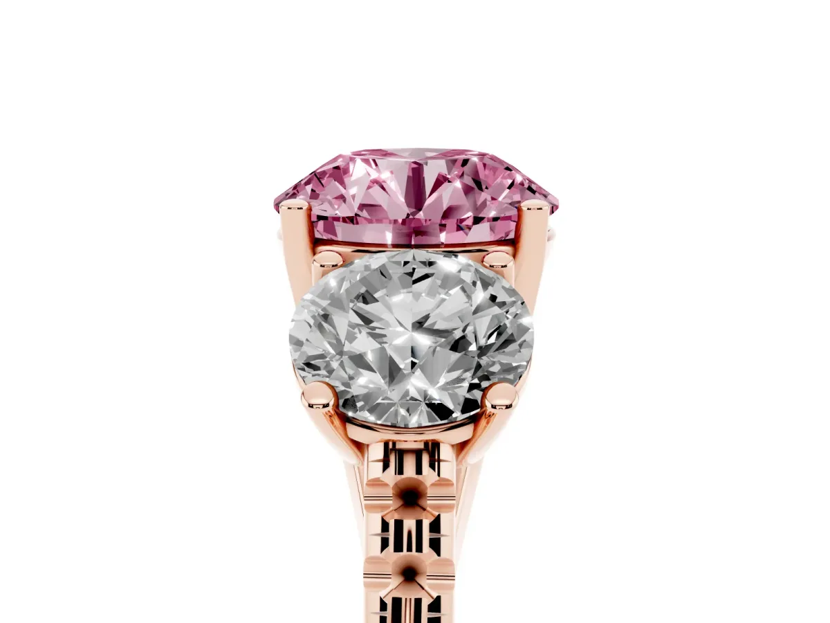 Fancy Pink Three-Stone Round Cut Diamond Ring with Round Pavé Band and Prong Setting Rose gold