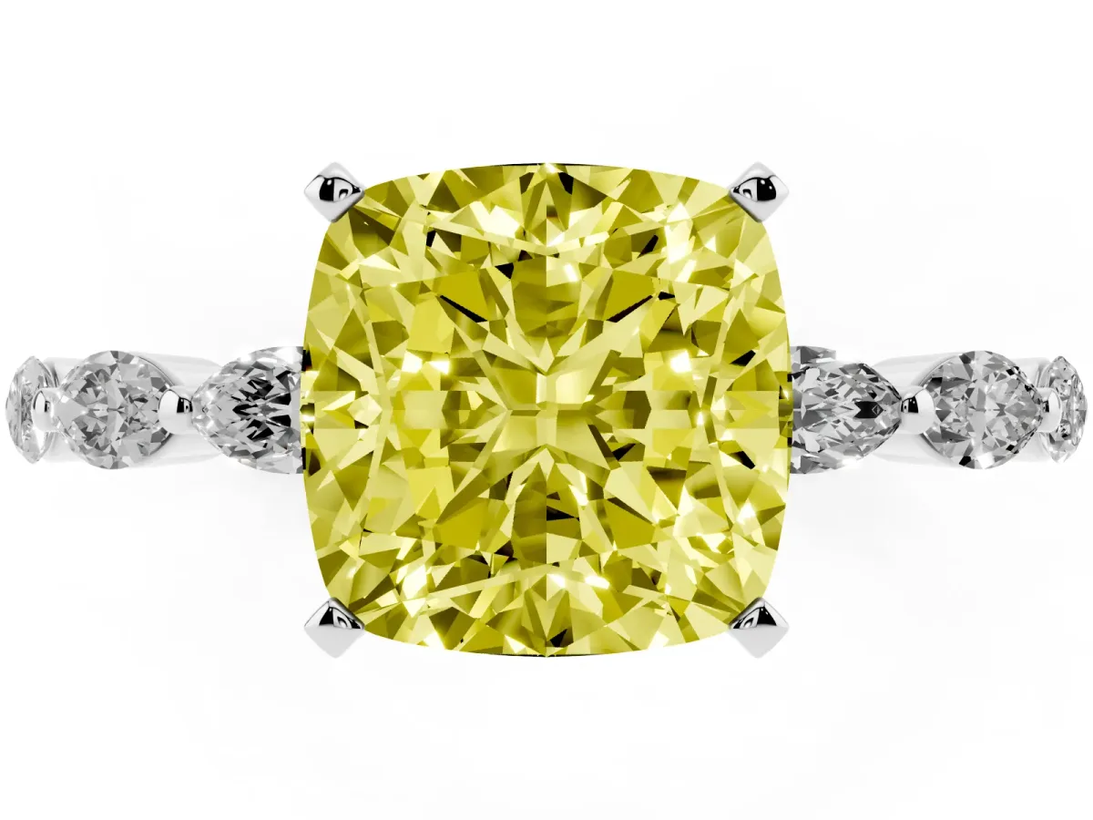 Fancy Yellow Cushion Cut Diamond Ring with Marquise Side Stones and Prong Setting Platinum