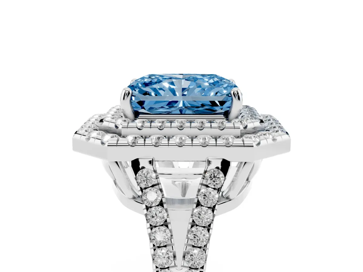 Fancy Blue Radiant Cut Diamond Double Halo Ring with Pavé Band and Prong Setting White gold